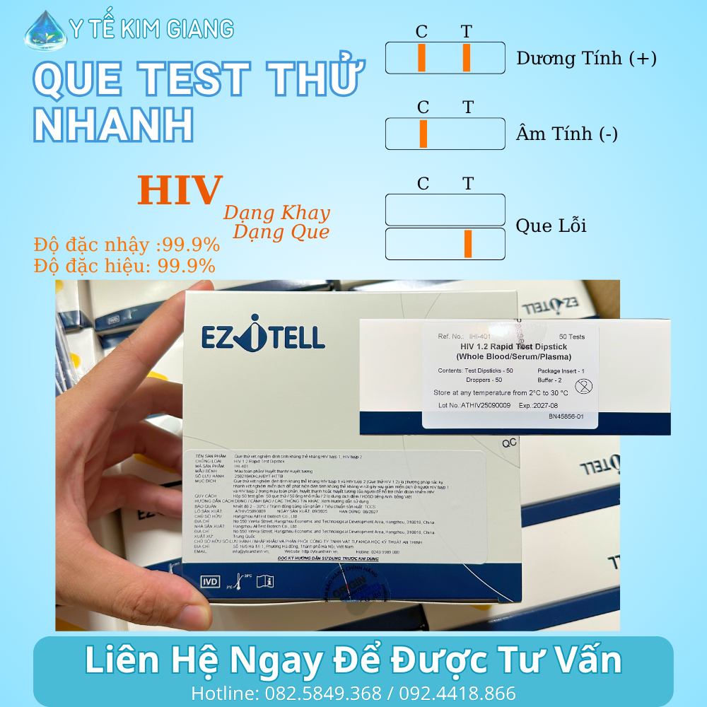 Test HIV EZITELL – Dạng que & dạng khay, HIV 1/2 Ab hoặc Ag/Ab (p24), đọc 10–20 phút 1 1 4