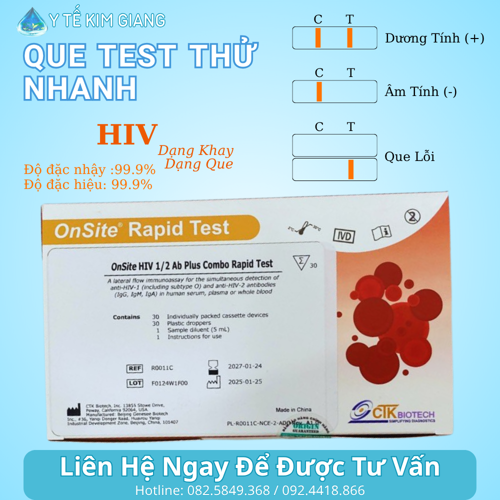 Test HIV CTK OnSite – sàng lọc HIV-1/2, mẫu máu, đọc 10–15 phút 1 11 9