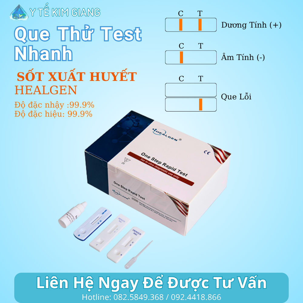 Que test sốt xuất huyết HEALGEN – Dengue NS1/IgM/IgG nhanh, mẫu máu đầu ngón/huyết thanh, đọc 10–15 phút 1 2 3
