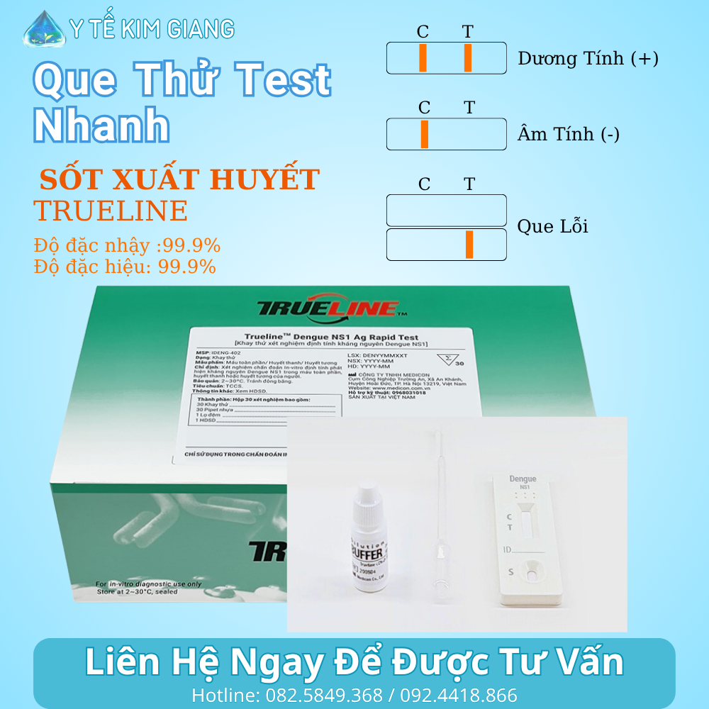 Test sốt xuất huyết TRUELINE – Dengue NS1/IgM/IgG nhanh, mẫu máu đầu ngón/huyết thanh, đọc 10–15 phút 1 4 3
